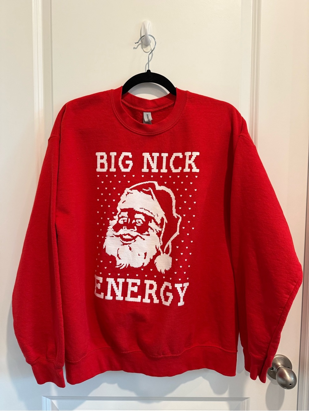 Gildan Red Crewneck Sweater with White Santa "Big Nick Energy" Graphic